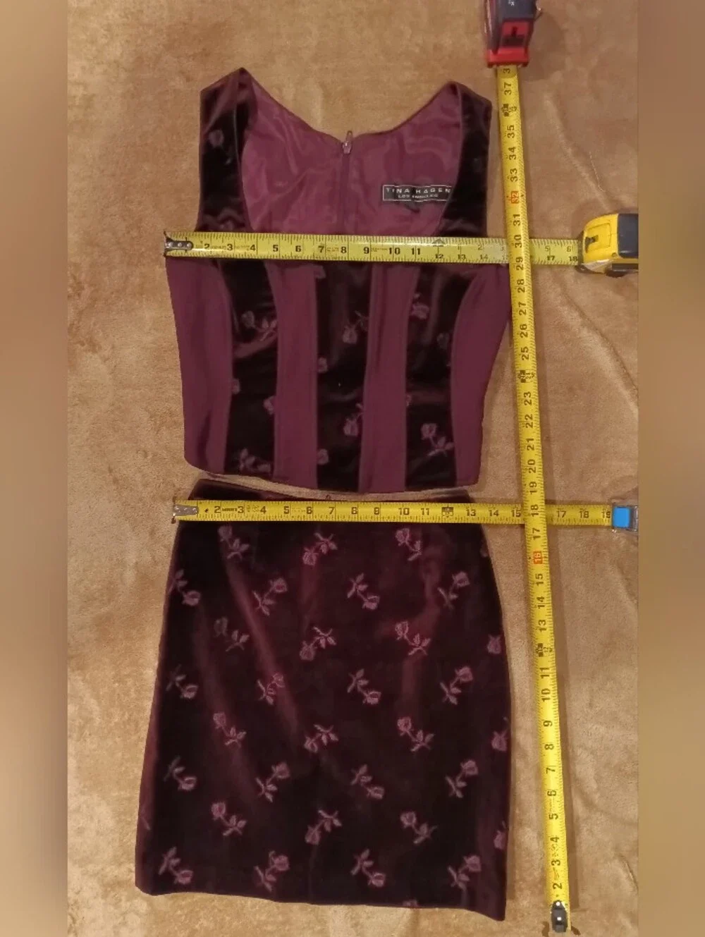 Vintage Tina Hagen Two-Piece Plum Velvet Floral Corset Top & Skirt Set